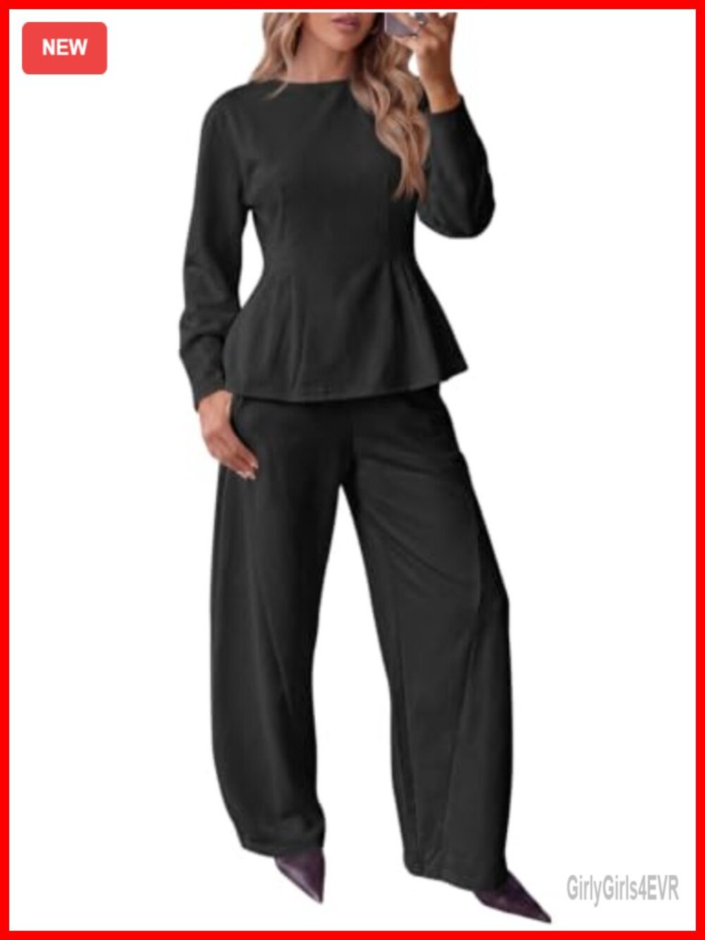 Tankaneo Women's 2 Piece Pants Set Long Sleeve Peplum Top Casual Outfit